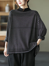 Slouchy Style Round Collar Striped Shirt